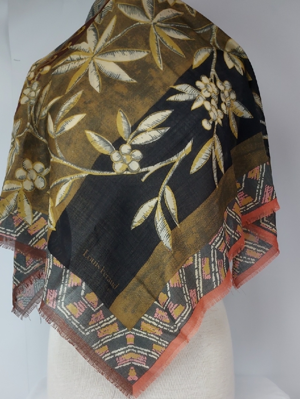 Louis Feraud Paris Black and Olive Floral Pattern Scarf